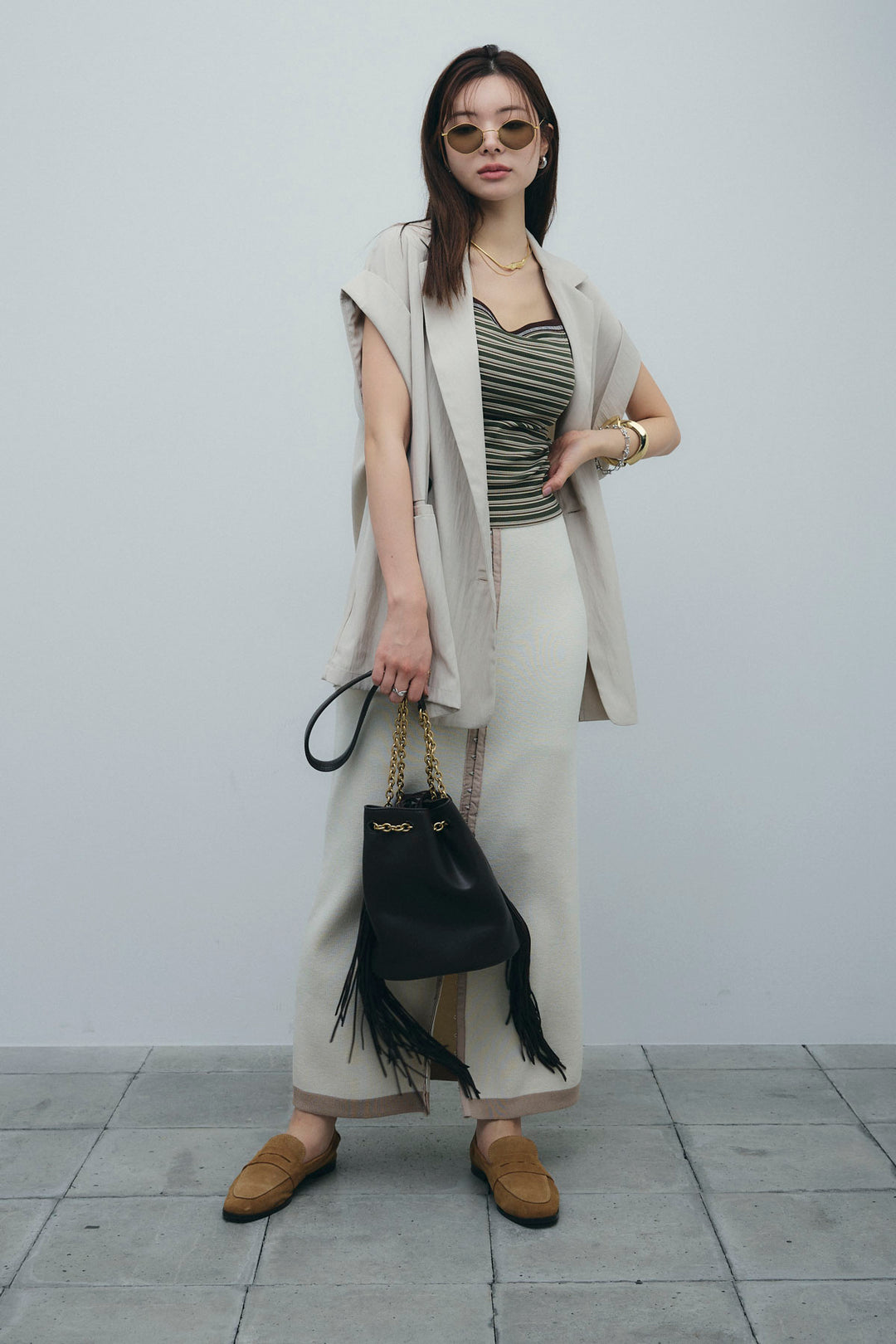 [予約/SET]リネンライクダブルジレ+ボーダーリブカップ付きキャミソール+リネンタッチ配色ホックスカート(3set)