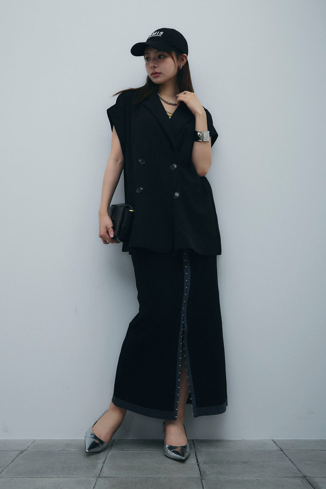 [予約/SET]リネンライクダブルジレ+ボーダーリブカップ付きキャミソール+リネンタッチ配色ホックスカート(3set)