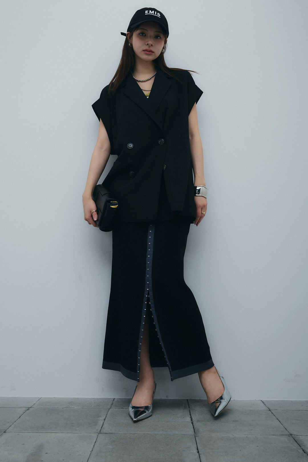 [予約/SET]リネンライクダブルジレ+リネンタッチ配色ホックスカート(2set)