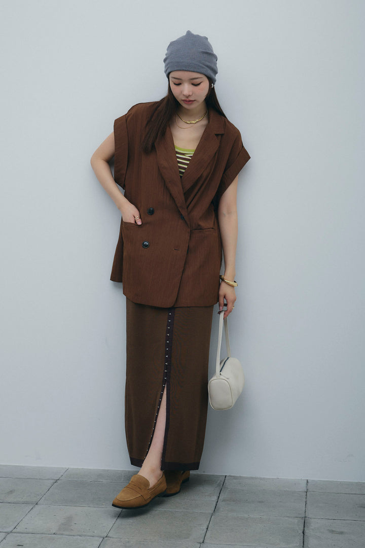 [予約/SET]リネンライクダブルジレ+ボーダーリブカップ付きキャミソール+リネンタッチ配色ホックスカート(3set)