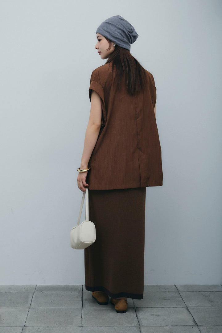 [予約/SET]リネンライクダブルジレ+ボーダーリブカップ付きキャミソール+リネンタッチ配色ホックスカート(3set)