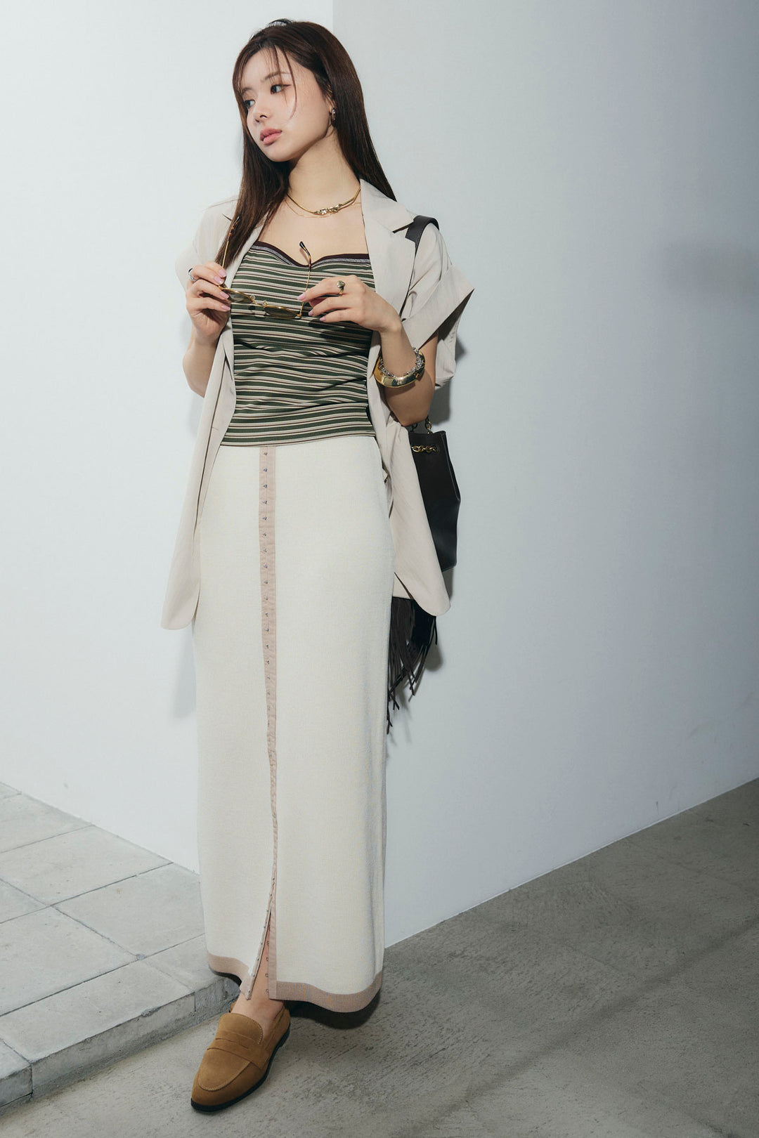 [予約/SET]リネンライクダブルジレ+ボーダーリブカップ付きキャミソール+リネンタッチ配色ホックスカート(3set)