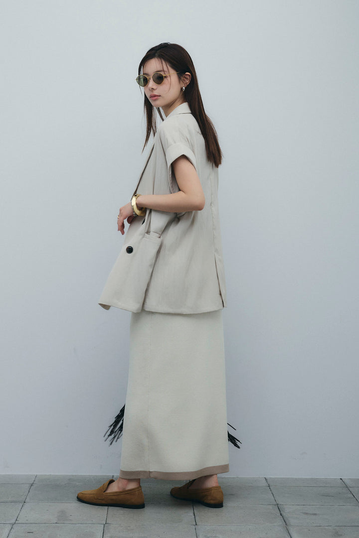[予約/SET]リネンライクダブルジレ+ボーダーリブカップ付きキャミソール+リネンタッチ配色ホックスカート(3set)