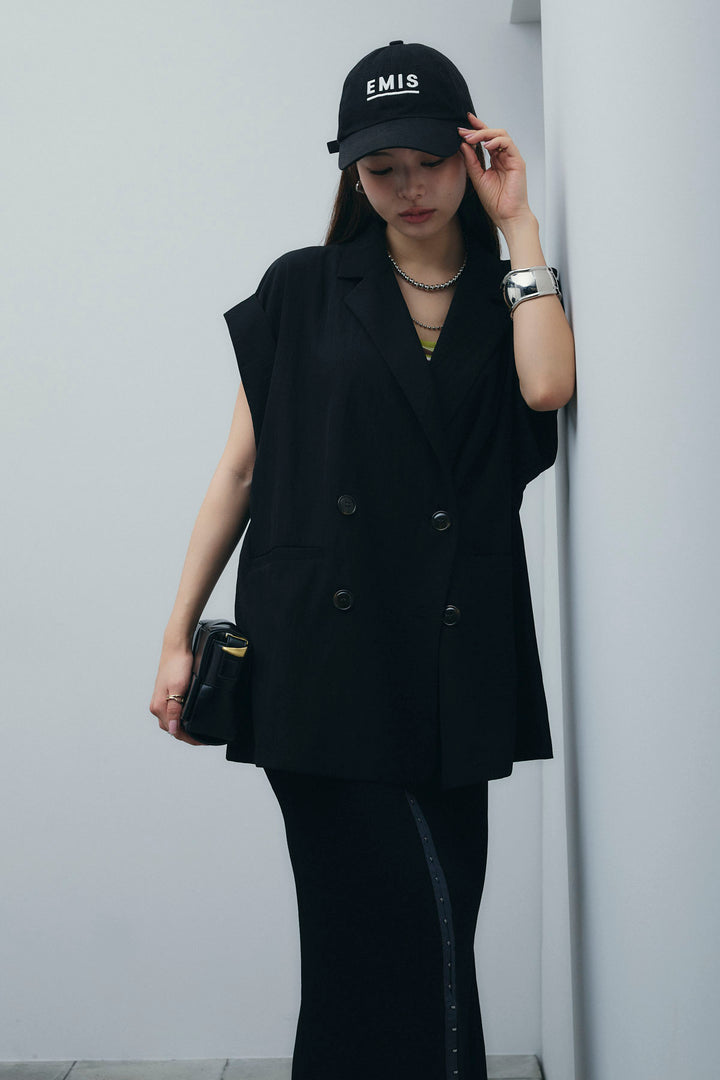 [予約/SET]リネンライクダブルジレ+ボーダーリブカップ付きキャミソール+リネンタッチ配色ホックスカート(3set)