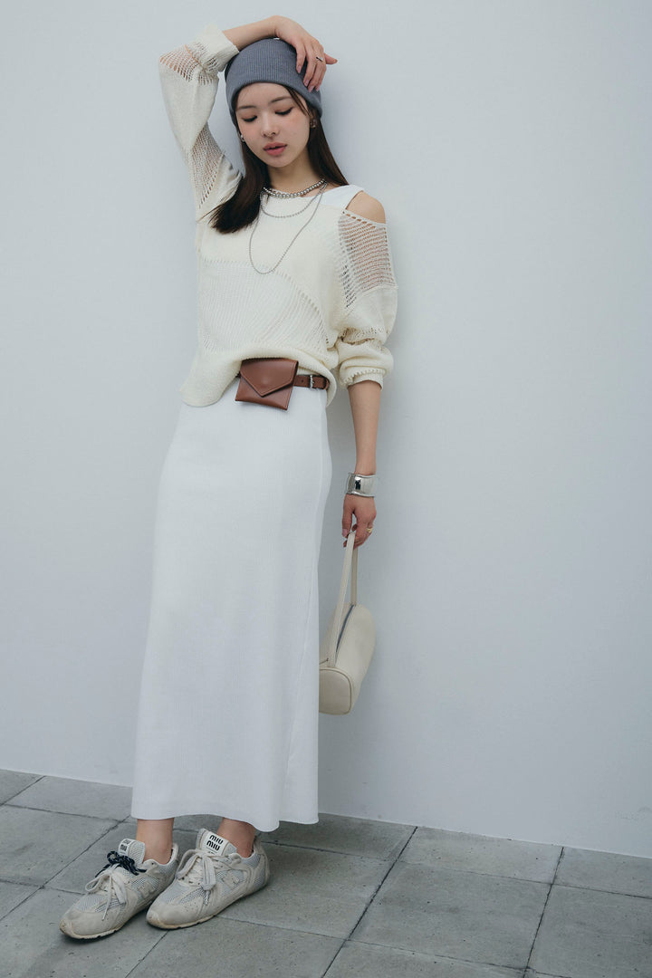 [予約/SET]カップ付きバックオープンリブカットワンピース+透かし編みニットプルオーバー(2set)