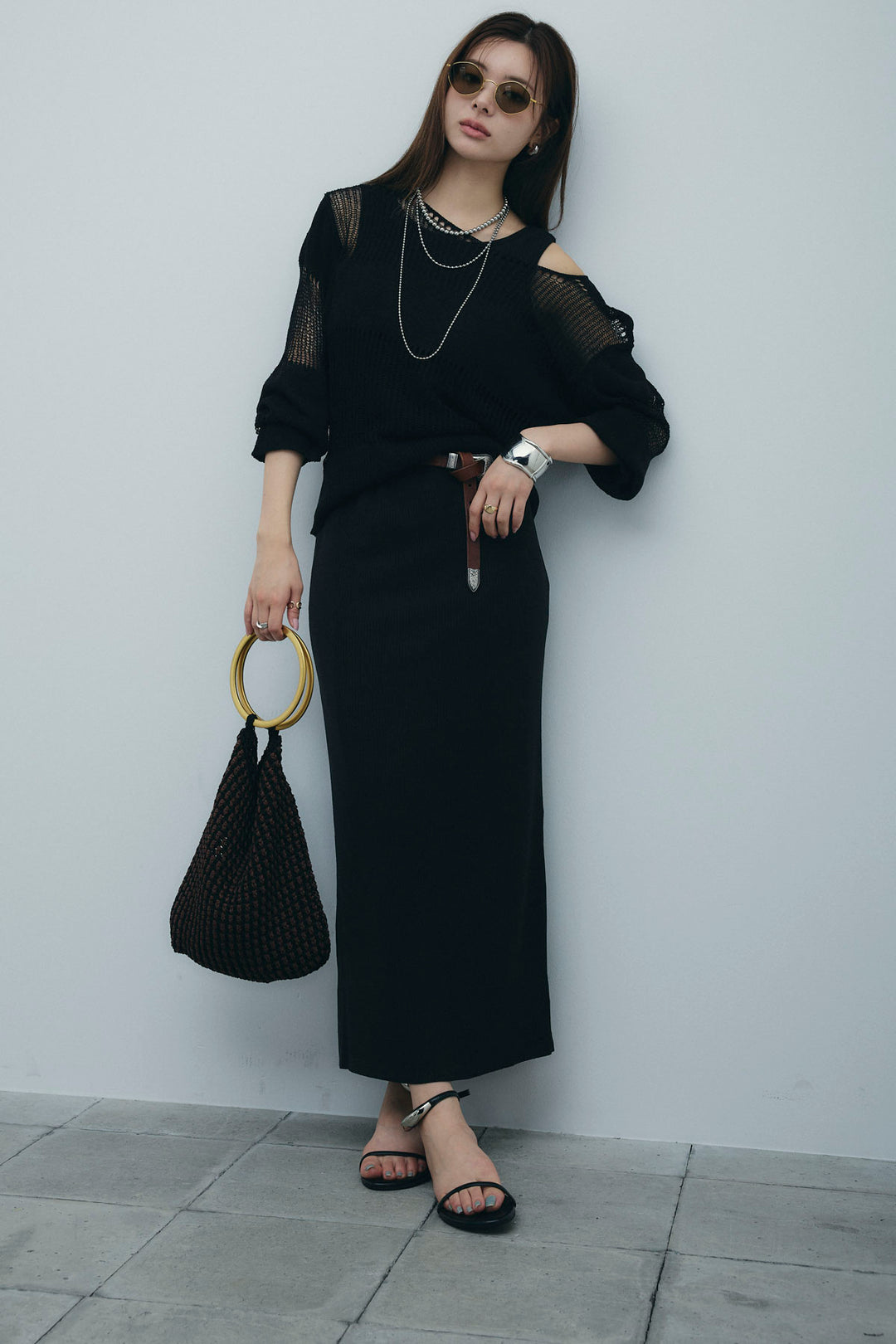 [予約/SET]カップ付きバックオープンリブカットワンピース+透かし編みニットプルオーバー(2set)