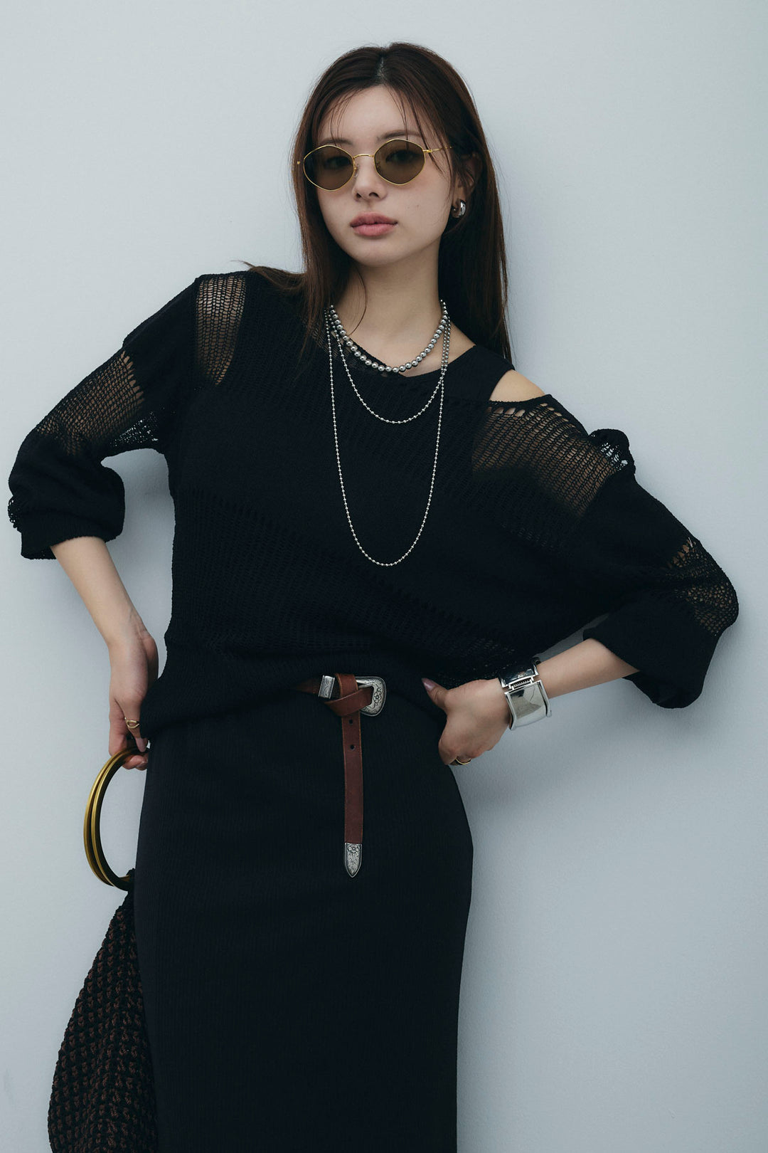 [予約/SET]カップ付きバックオープンリブカットワンピース+透かし編みニットプルオーバー(2set)