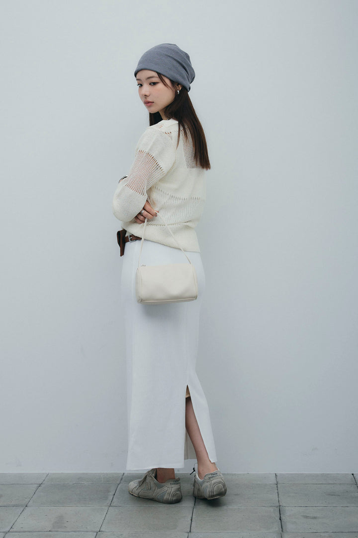 [予約/SET]カップ付きバックオープンリブカットワンピース+透かし編みニットプルオーバー(2set)