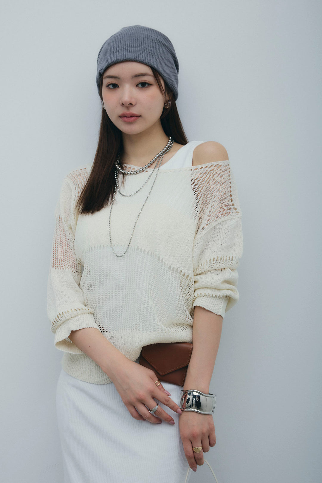 [予約/SET]カップ付きバックオープンリブカットワンピース+透かし編みニットプルオーバー(2set)