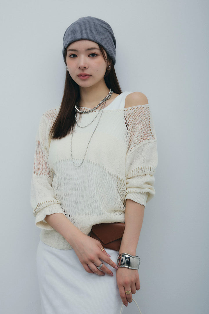 [予約/SET]カップ付きバックオープンリブカットワンピース+透かし編みニットプルオーバー(2set)