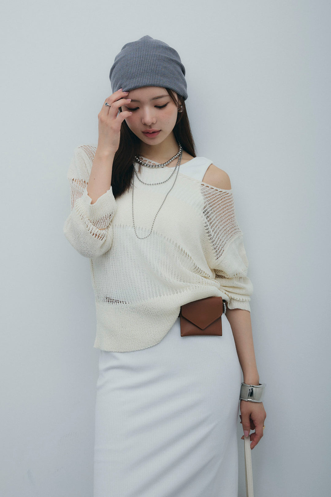 [予約/SET]カップ付きバックオープンリブカットワンピース+透かし編みニットプルオーバー(2set)