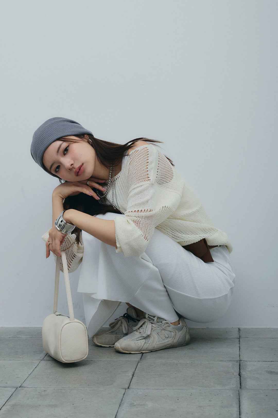 [予約/SET]カップ付きバックオープンリブカットワンピース+透かし編みニットプルオーバー(2set)