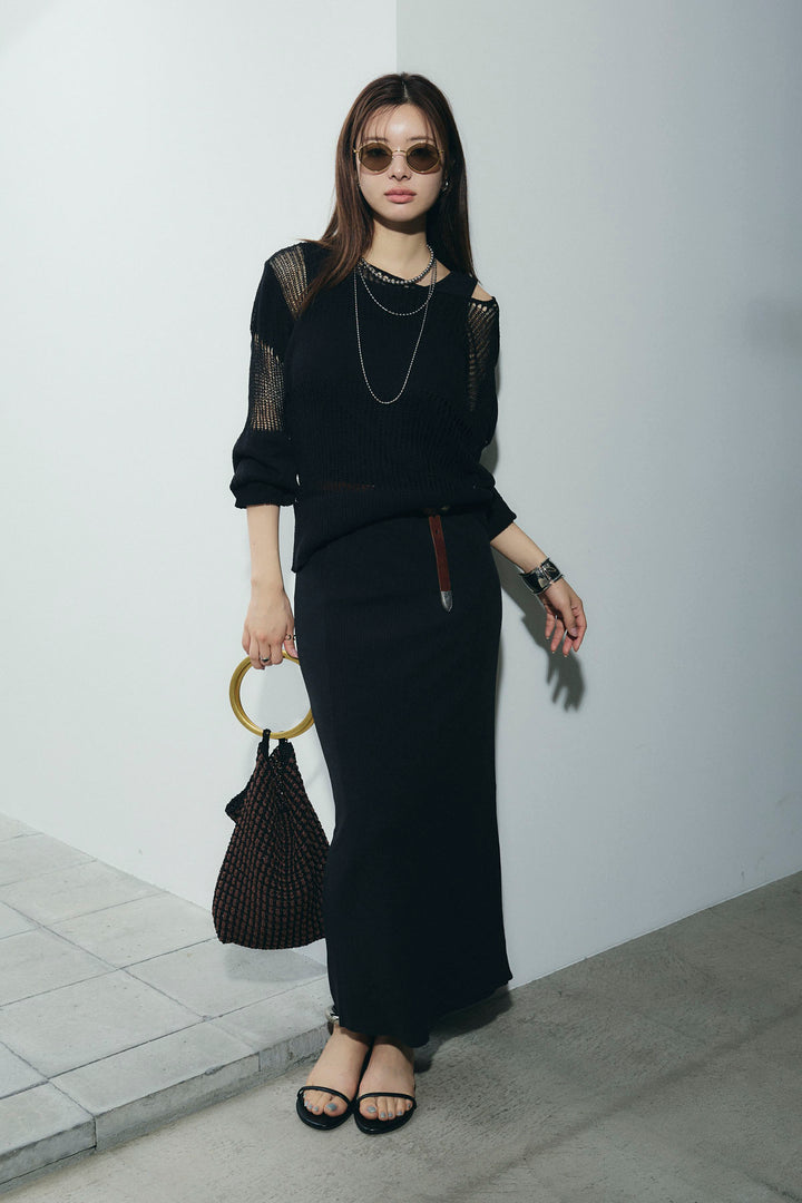 [予約/SET]カップ付きバックオープンリブカットワンピース+透かし編みニットプルオーバー(2set)