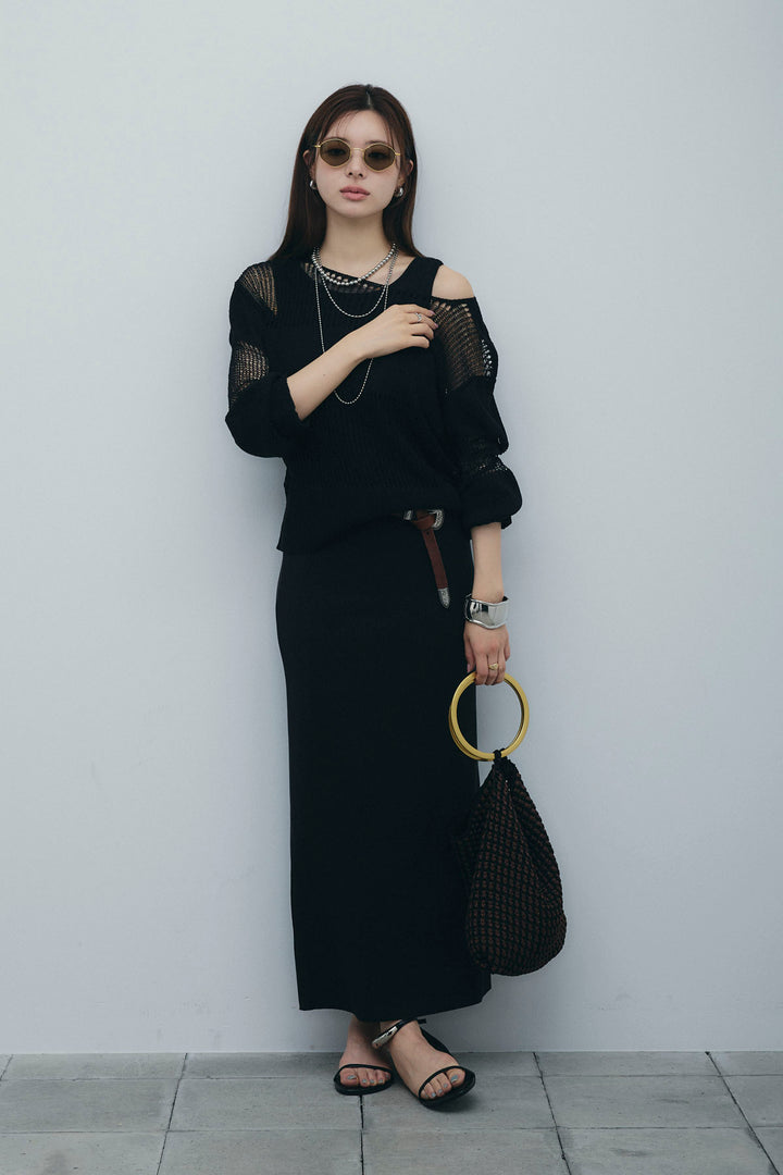 [予約/SET]カップ付きバックオープンリブカットワンピース+透かし編みニットプルオーバー(2set)