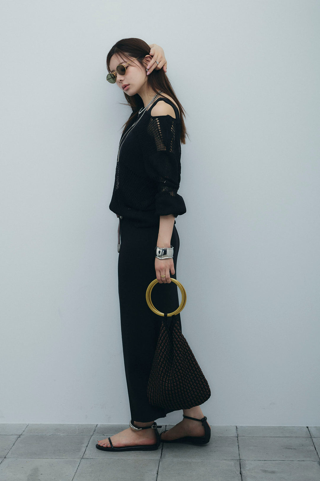 [予約/SET]カップ付きバックオープンリブカットワンピース+透かし編みニットプルオーバー(2set)