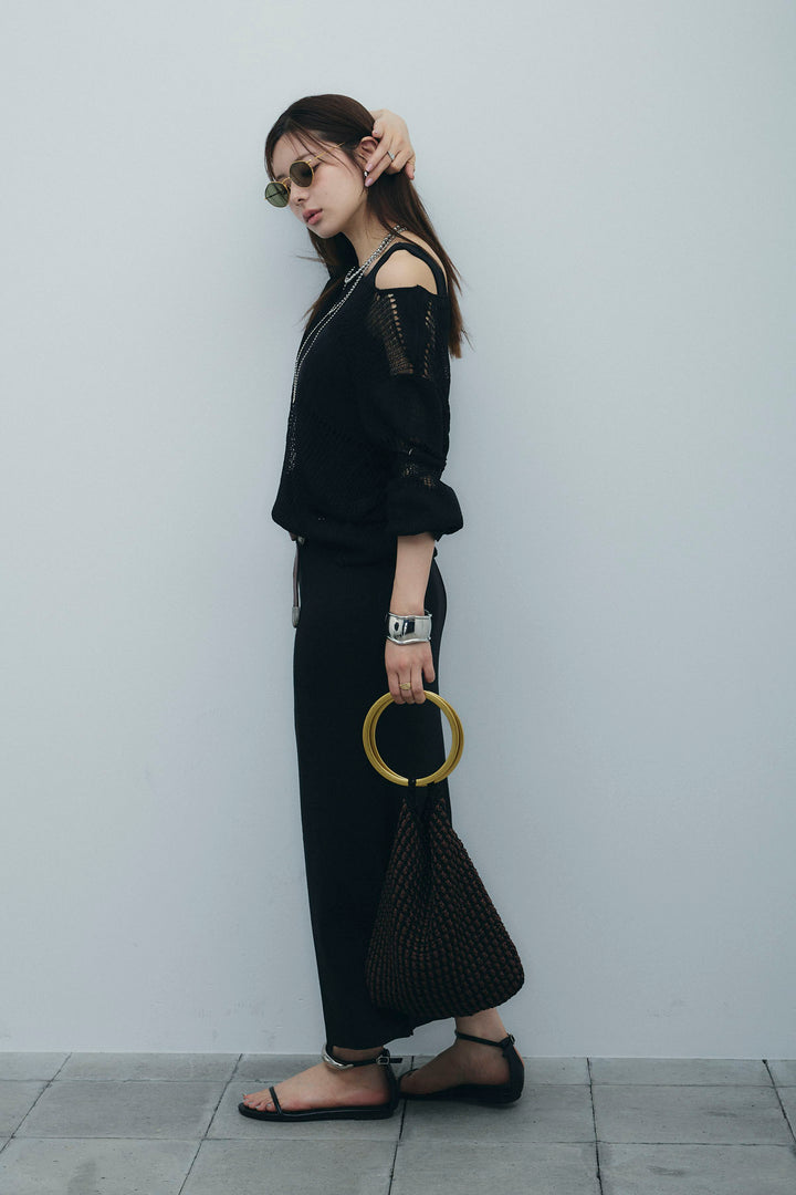 [予約/SET]カップ付きバックオープンリブカットワンピース+透かし編みニットプルオーバー(2set)