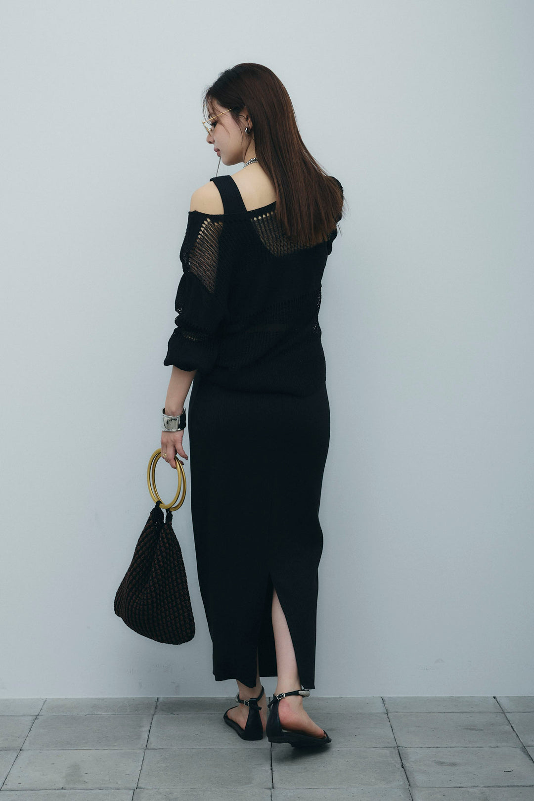 [予約/SET]カップ付きバックオープンリブカットワンピース+透かし編みニットプルオーバー(2set)