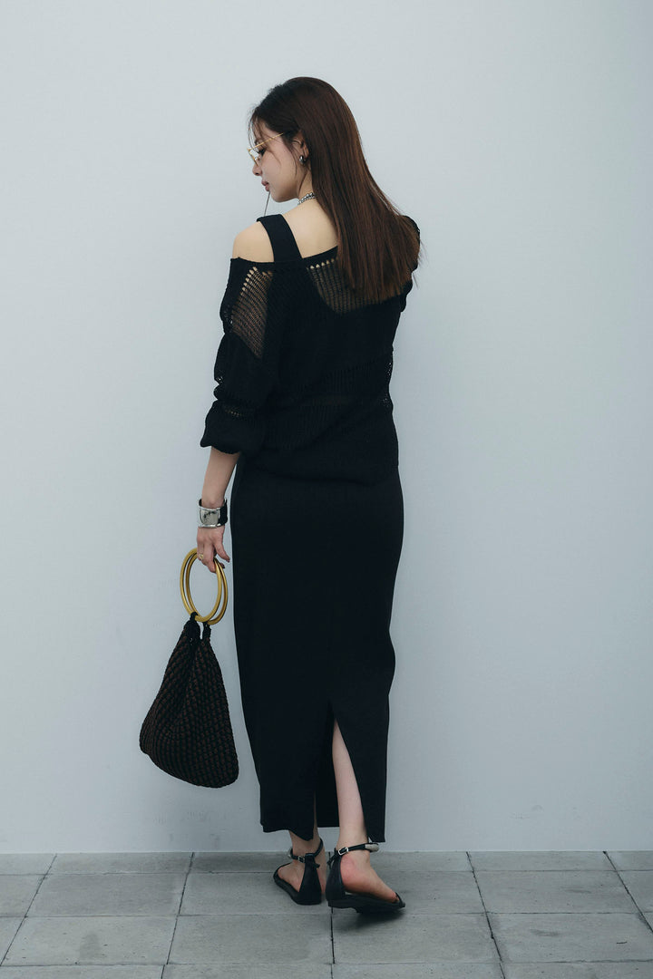 [予約/SET]カップ付きバックオープンリブカットワンピース+透かし編みニットプルオーバー(2set)