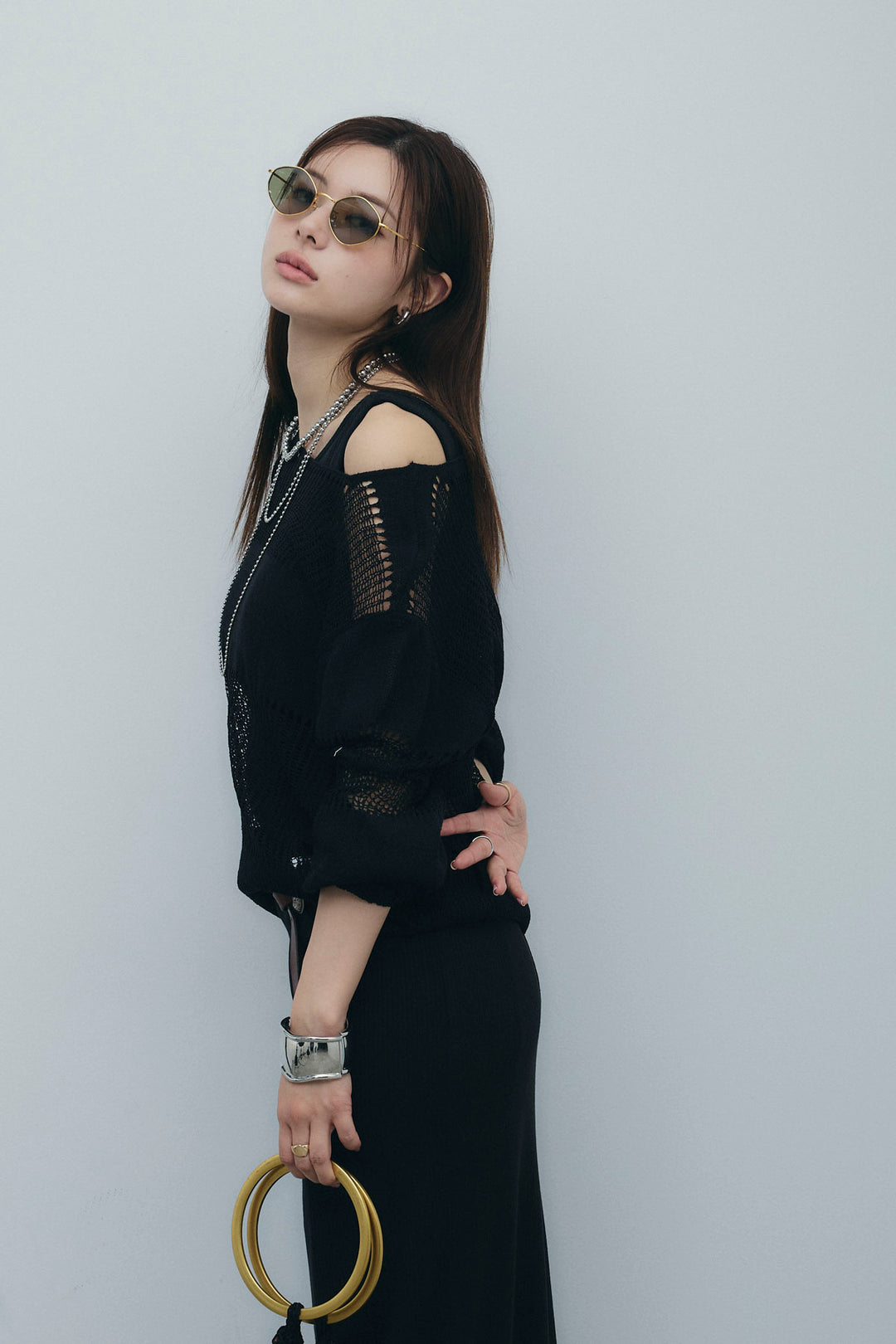 [予約/SET]カップ付きバックオープンリブカットワンピース+透かし編みニットプルオーバー(2set)