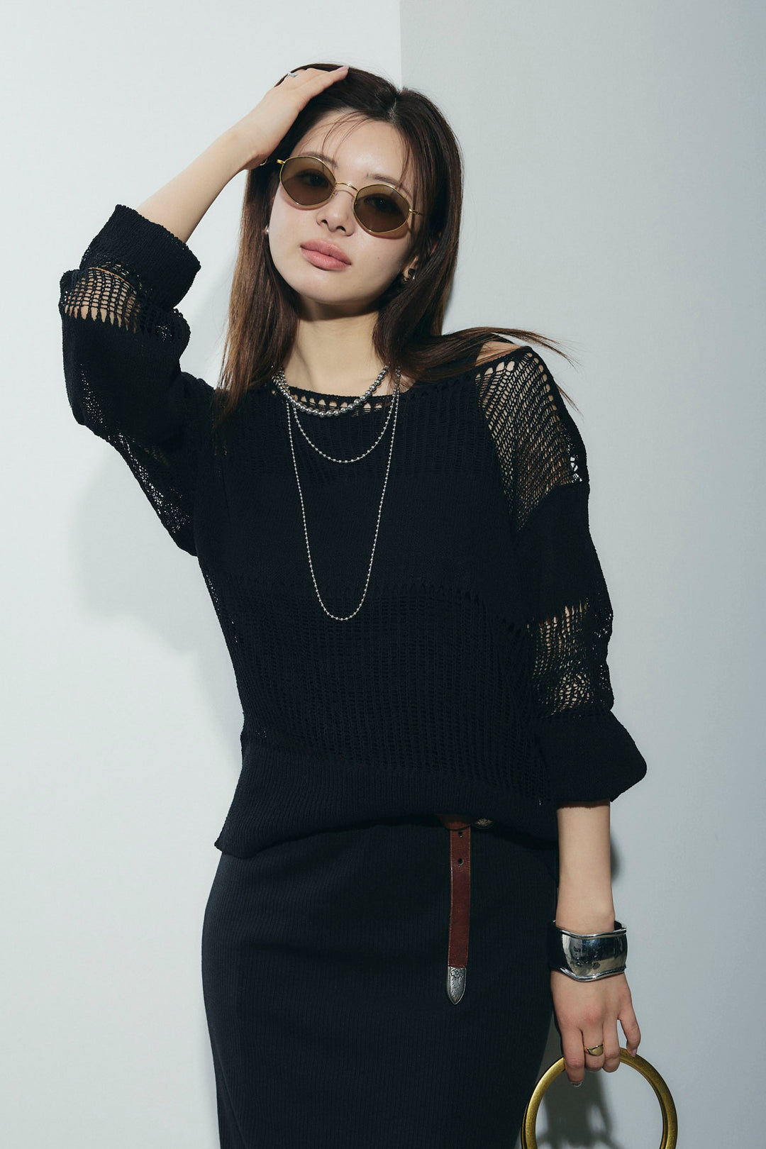 [予約/SET]カップ付きバックオープンリブカットワンピース+透かし編みニットプルオーバー(2set)