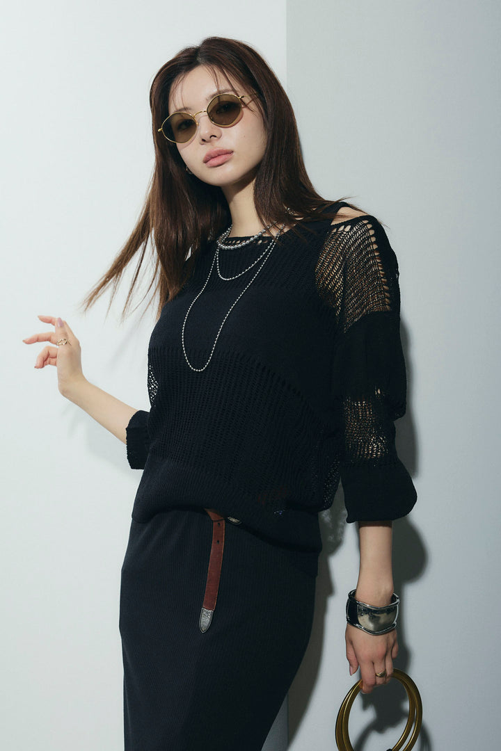 [予約/SET]カップ付きバックオープンリブカットワンピース+透かし編みニットプルオーバー(2set)