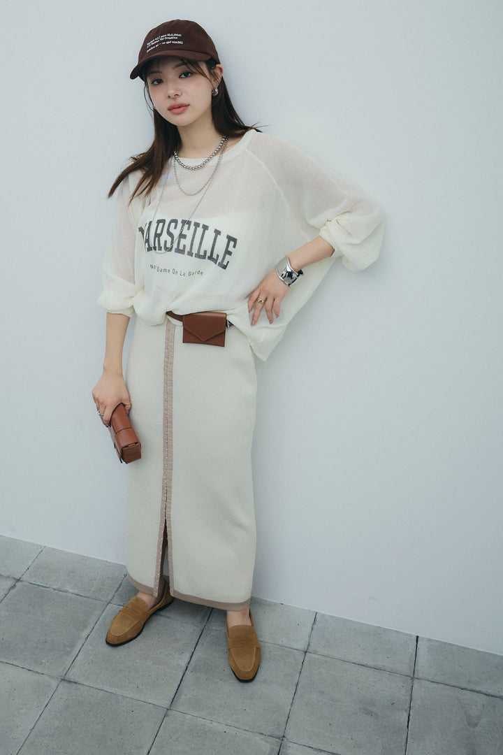 [予約/SET]ロゴプリントシアーニット+リネンタッチ配色ホックスカート(2set)