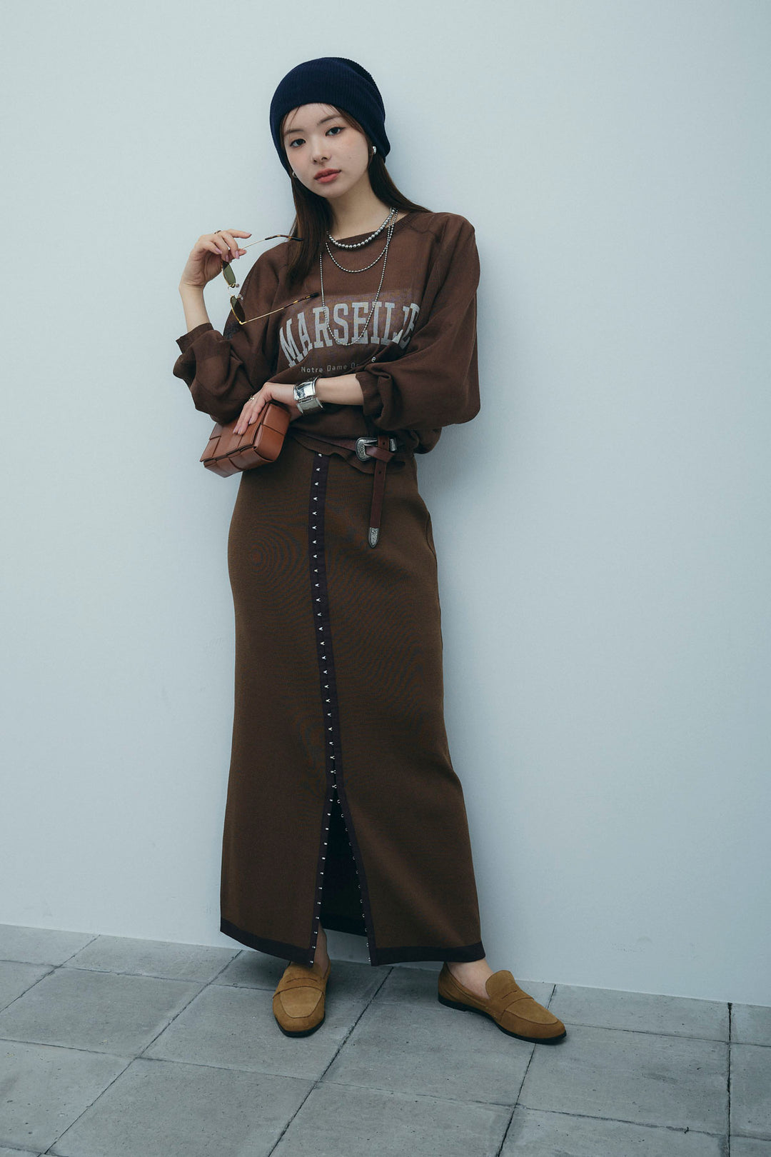 [予約/SET]ロゴプリントシアーニット+リネンタッチ配色ホックスカート(2set)