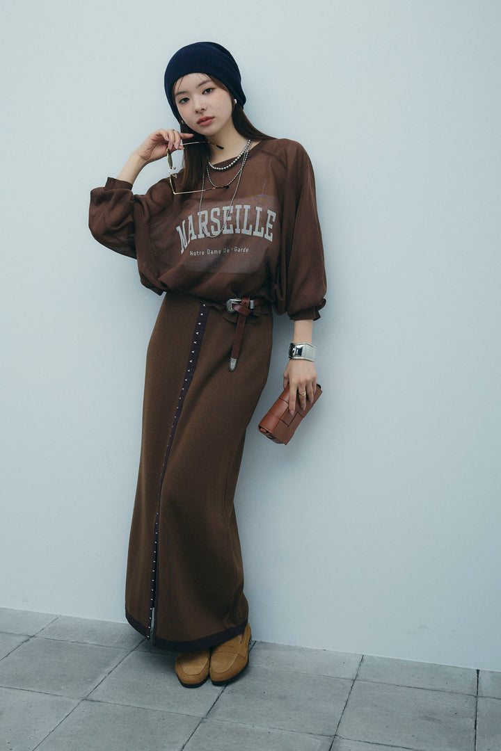 [予約/SET]ロゴプリントシアーニット+リネンタッチ配色ホックスカート(2set)