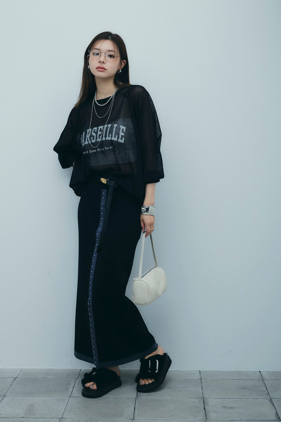 [予約/SET]ロゴプリントシアーニット+リネンタッチ配色ホックスカート(2set)