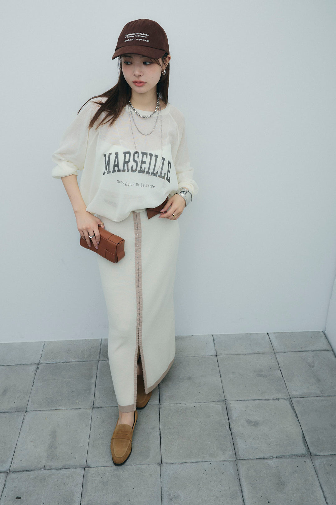 [予約/SET]ロゴプリントシアーニット+リネンタッチ配色ホックスカート(2set)