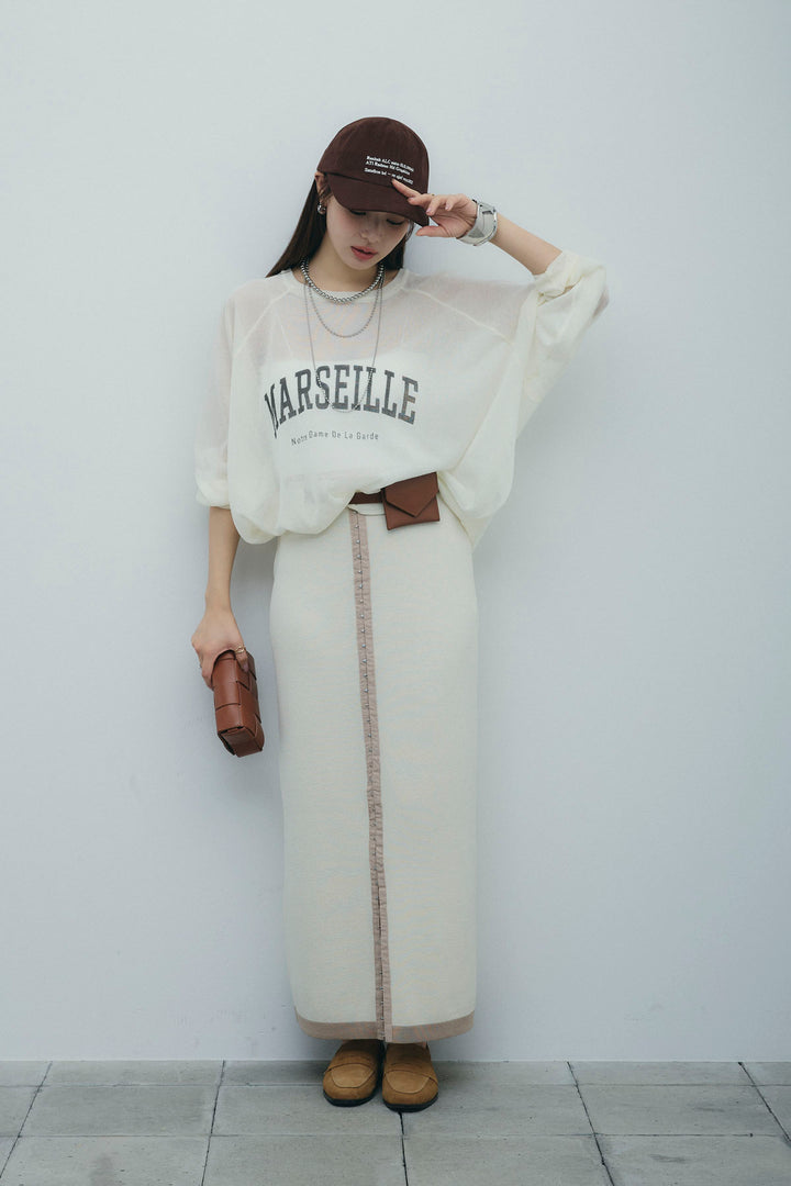 [予約/SET]ロゴプリントシアーニット+リネンタッチ配色ホックスカート(2set)