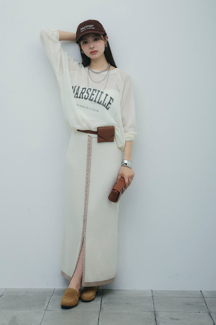 [予約/SET]ロゴプリントシアーニット+リネンタッチ配色ホックスカート(2set)