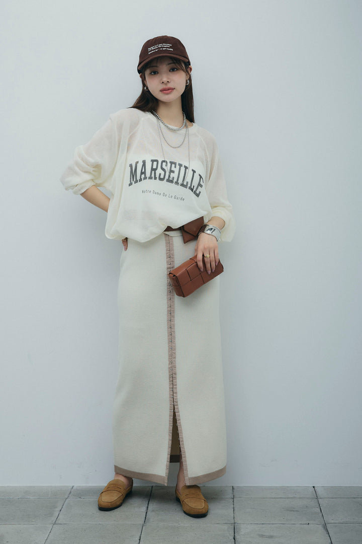 [予約/SET]ロゴプリントシアーニット+リネンタッチ配色ホックスカート(2set)