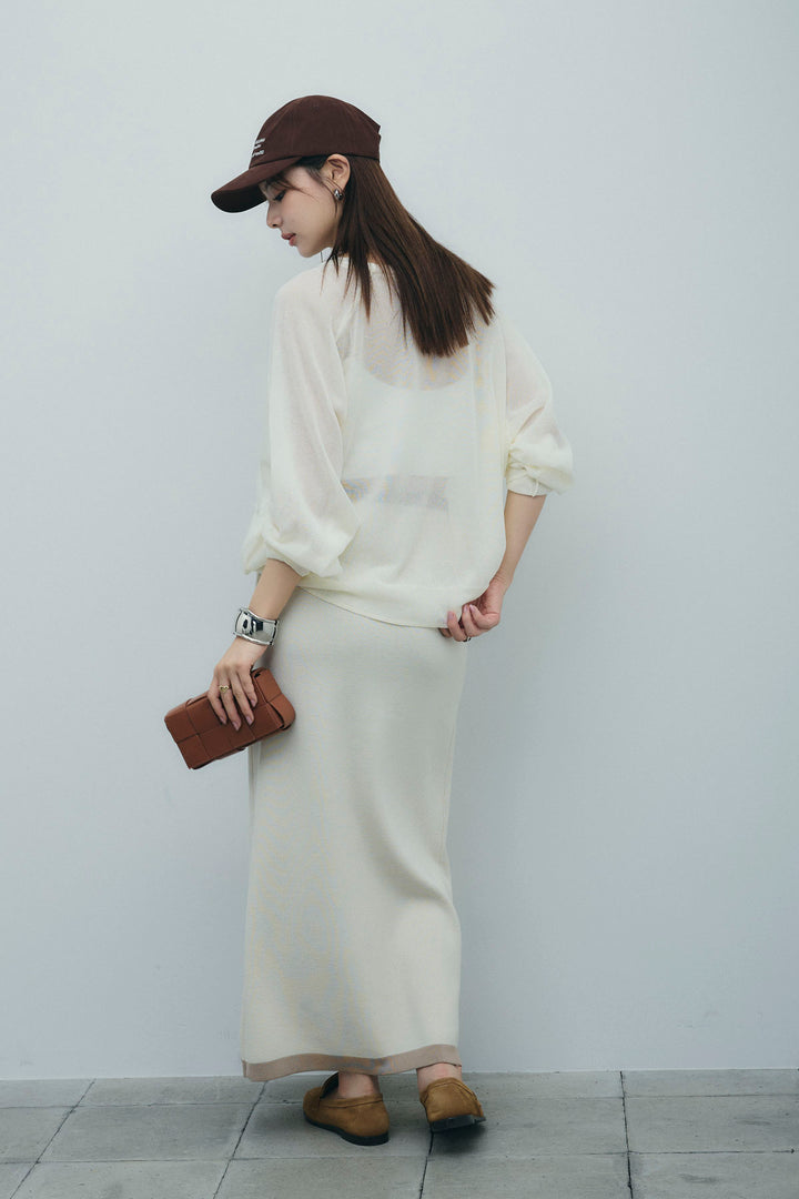 [予約/SET]ロゴプリントシアーニット+リネンタッチ配色ホックスカート(2set)