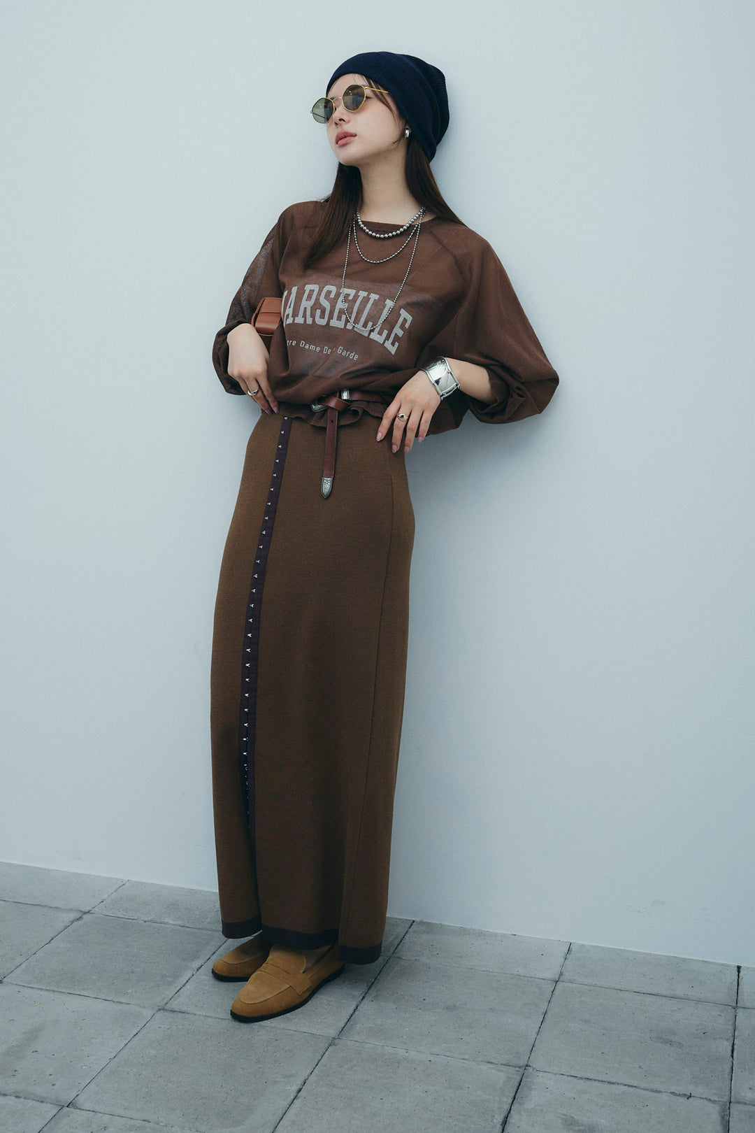 [予約/SET]ロゴプリントシアーニット+リネンタッチ配色ホックスカート(2set)