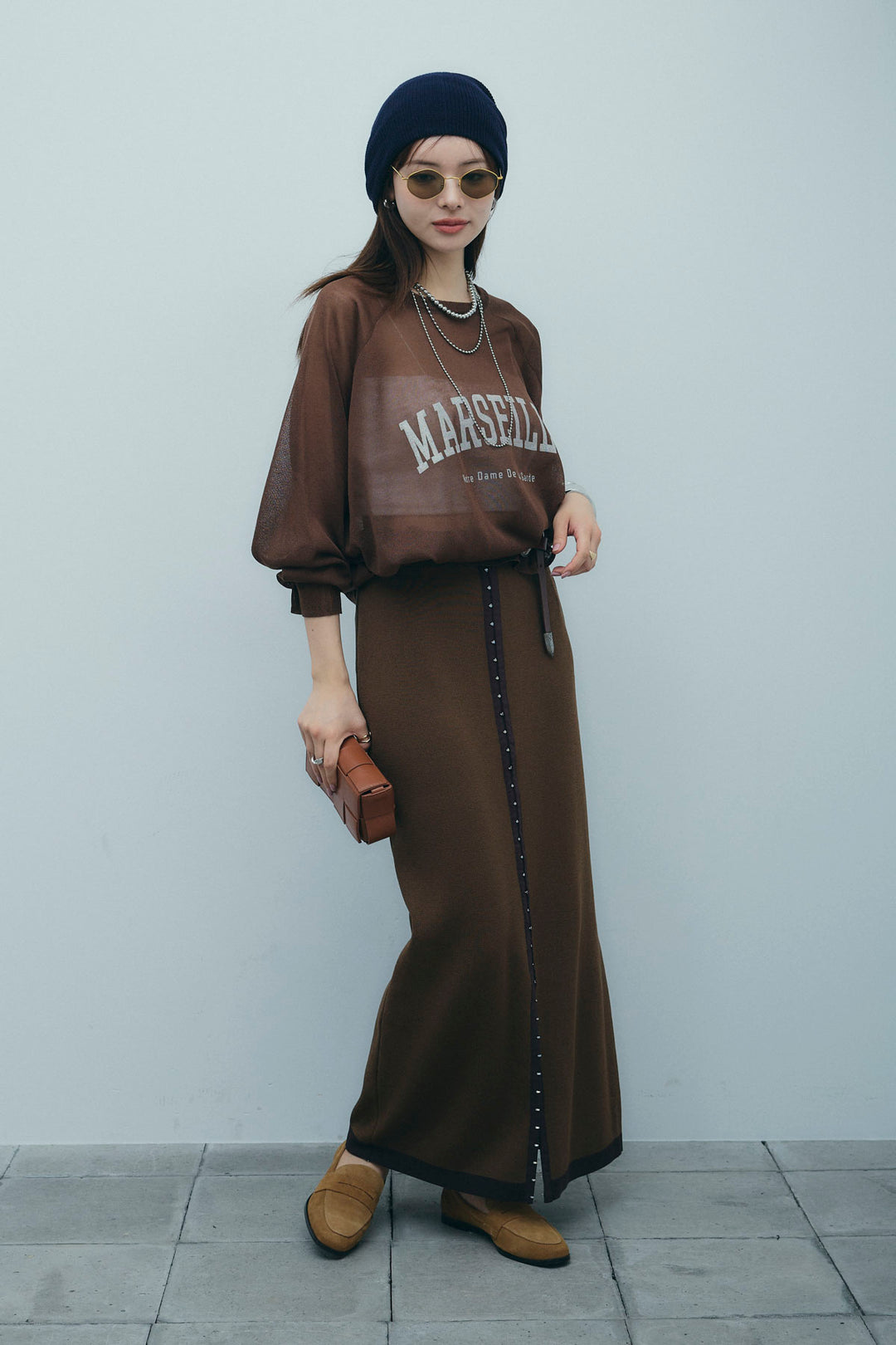 [予約/SET]ロゴプリントシアーニット+リネンタッチ配色ホックスカート(2set)