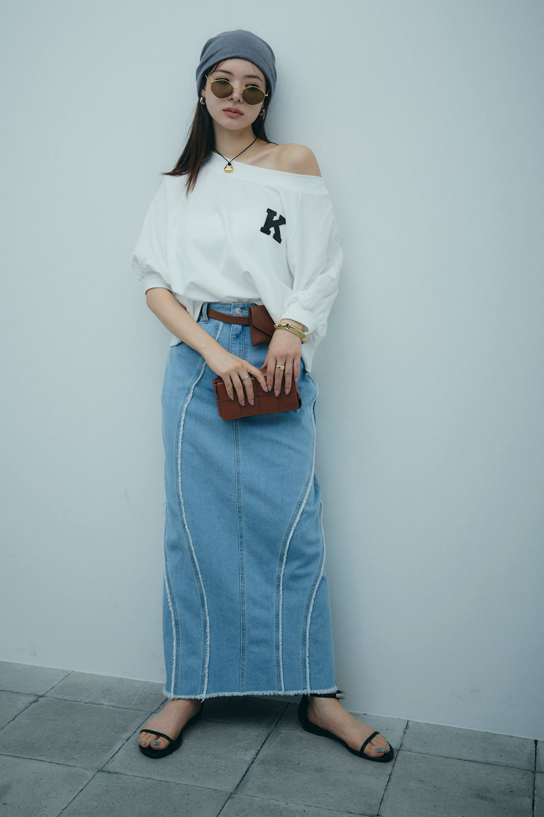 [予約/SET]マルチネックスウェット+フリンジウェーブデニムスカート(2set)