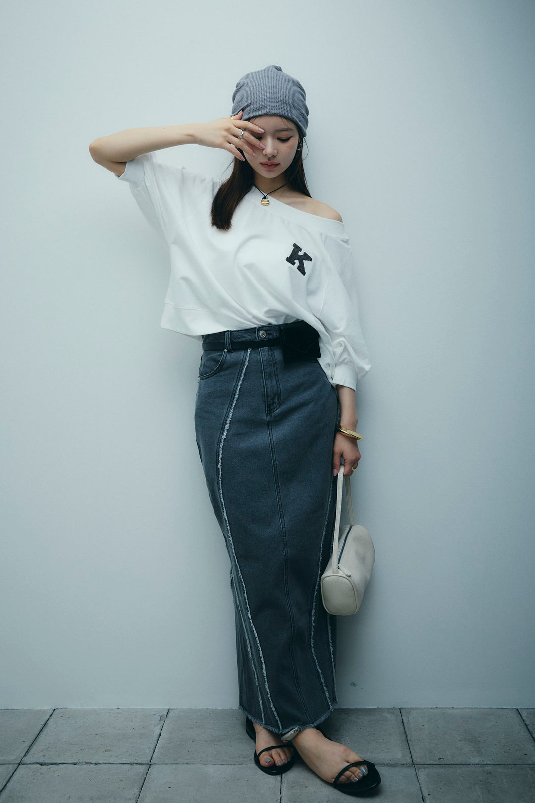 [予約/SET]マルチネックスウェット+フリンジウェーブデニムスカート(2set)