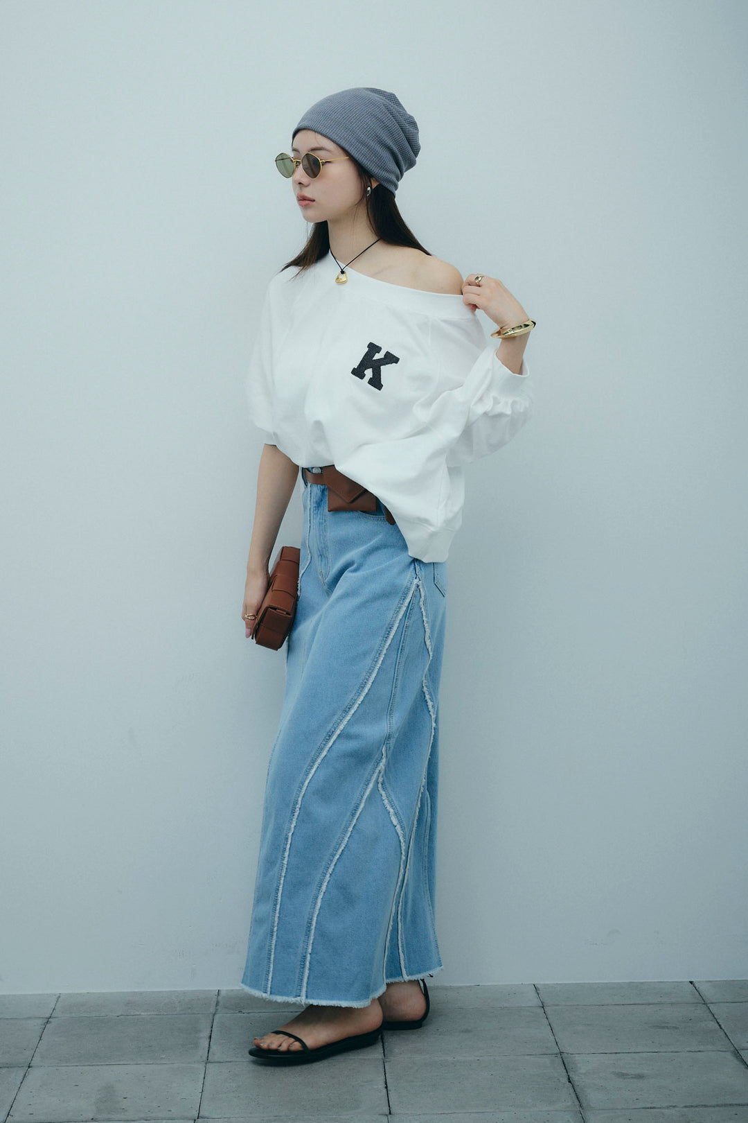 [予約/SET]マルチネックスウェット+フリンジウェーブデニムスカート(2set)