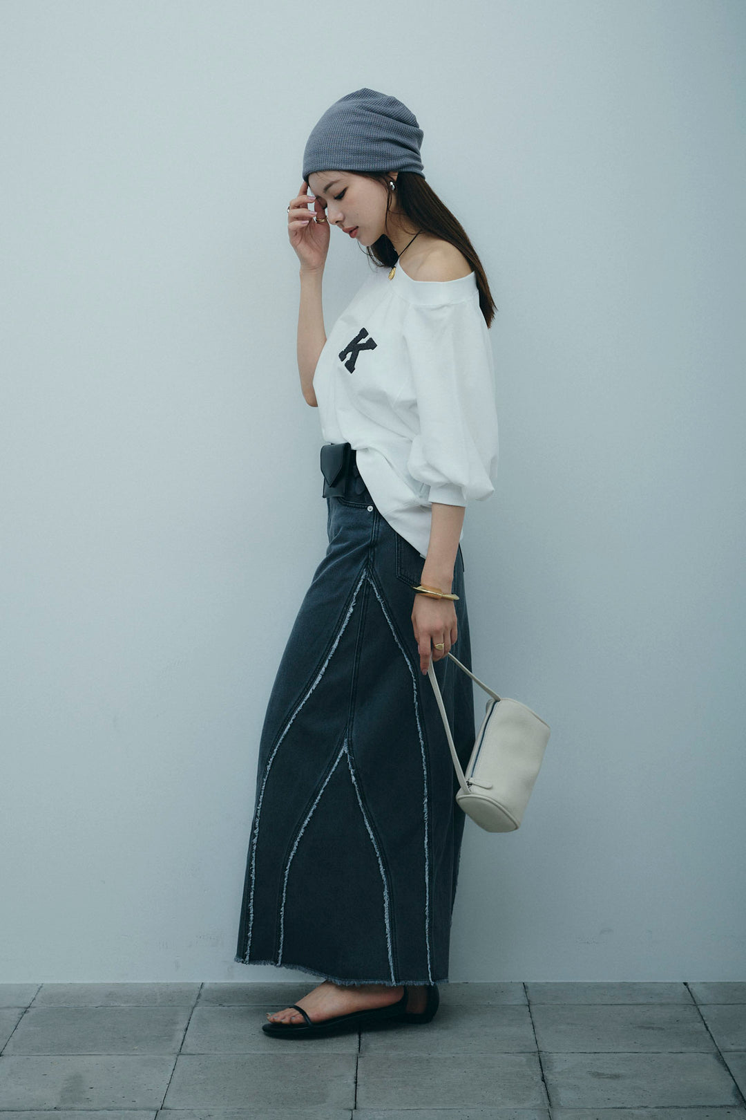 [予約/SET]マルチネックスウェット+フリンジウェーブデニムスカート(2set)