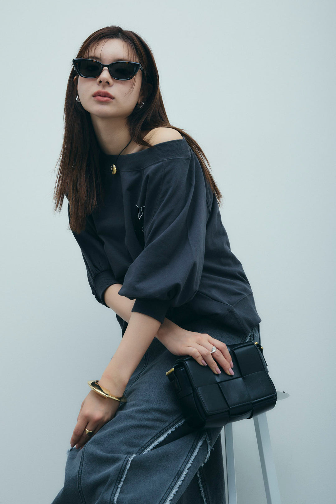 [予約/SET]マルチネックスウェット+フリンジウェーブデニムスカート(2set)