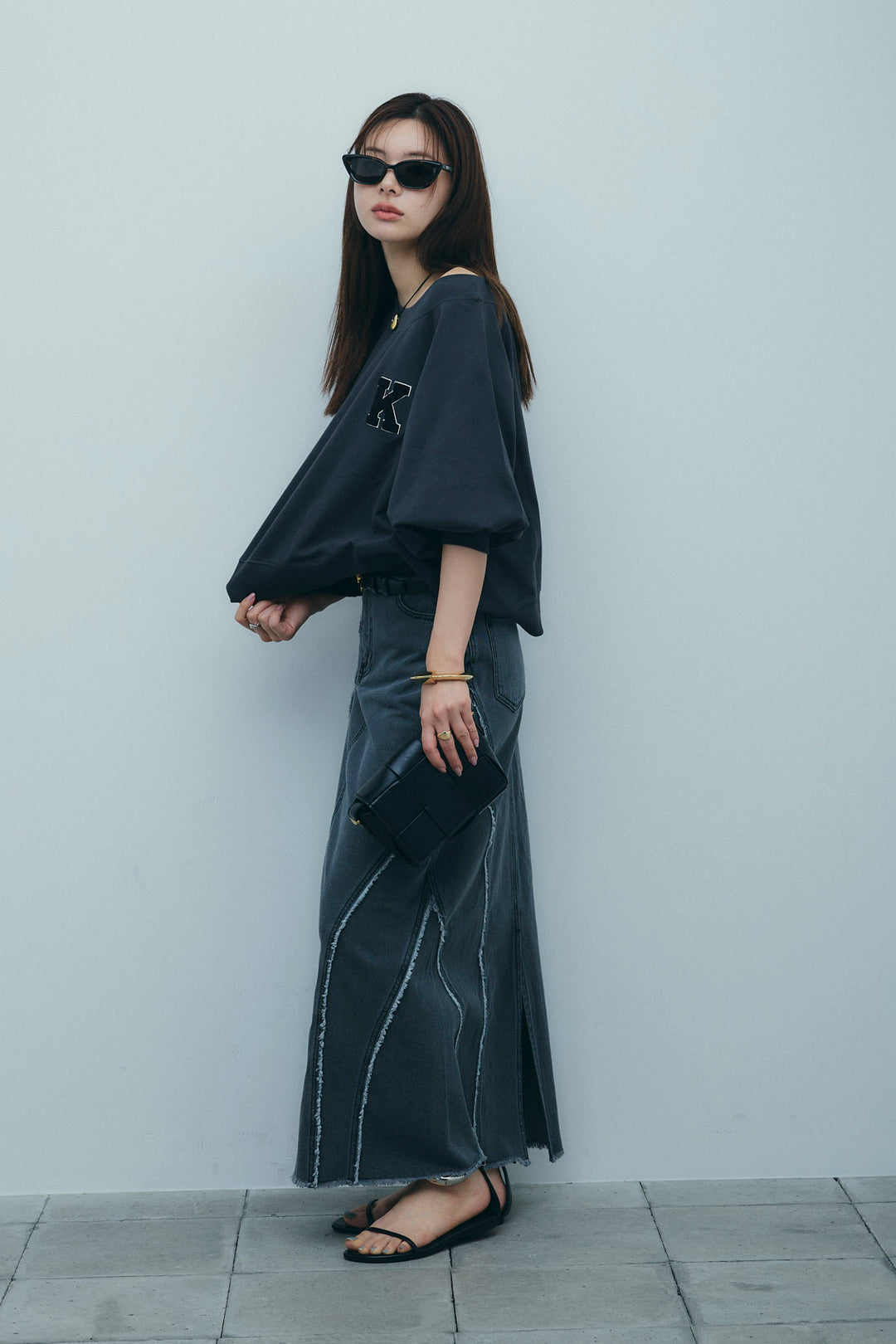 [予約/SET]マルチネックスウェット+フリンジウェーブデニムスカート(2set)