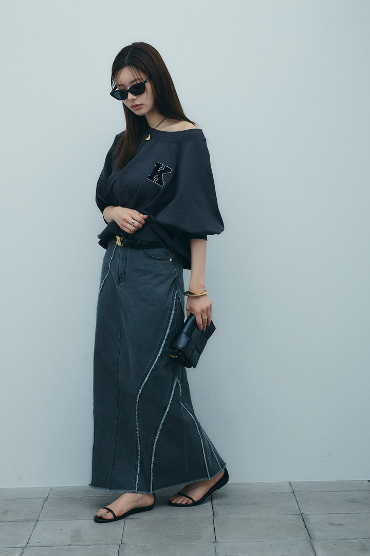 [予約/SET]マルチネックスウェット+フリンジウェーブデニムスカート(2set)