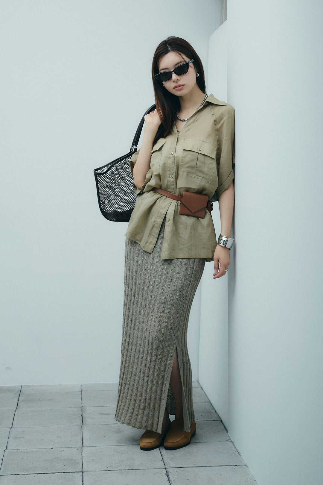 [予約/SET]リネンサファリリラックスシャツ+ストライプ編みニットスカート(2set)