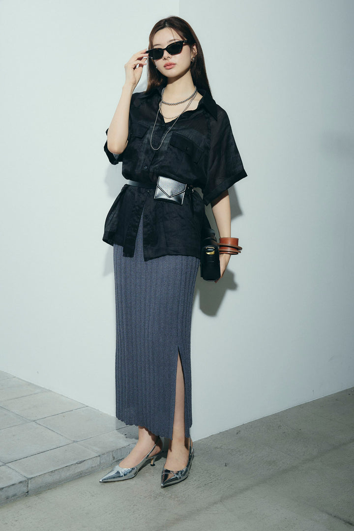 [予約/SET]リネンサファリリラックスシャツ+ストライプ編みニットスカート(2set)