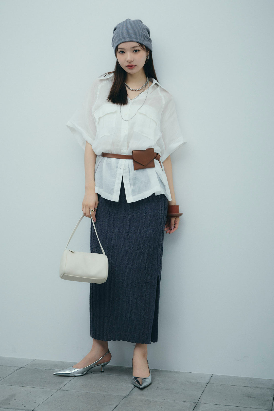 [予約/SET]リネンサファリリラックスシャツ+ストライプ編みニットスカート(2set)