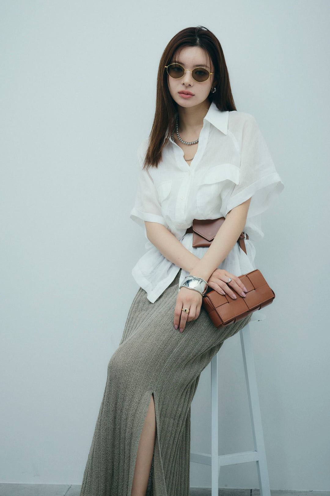 [予約/SET]リネンサファリリラックスシャツ+ストライプ編みニットスカート(2set)