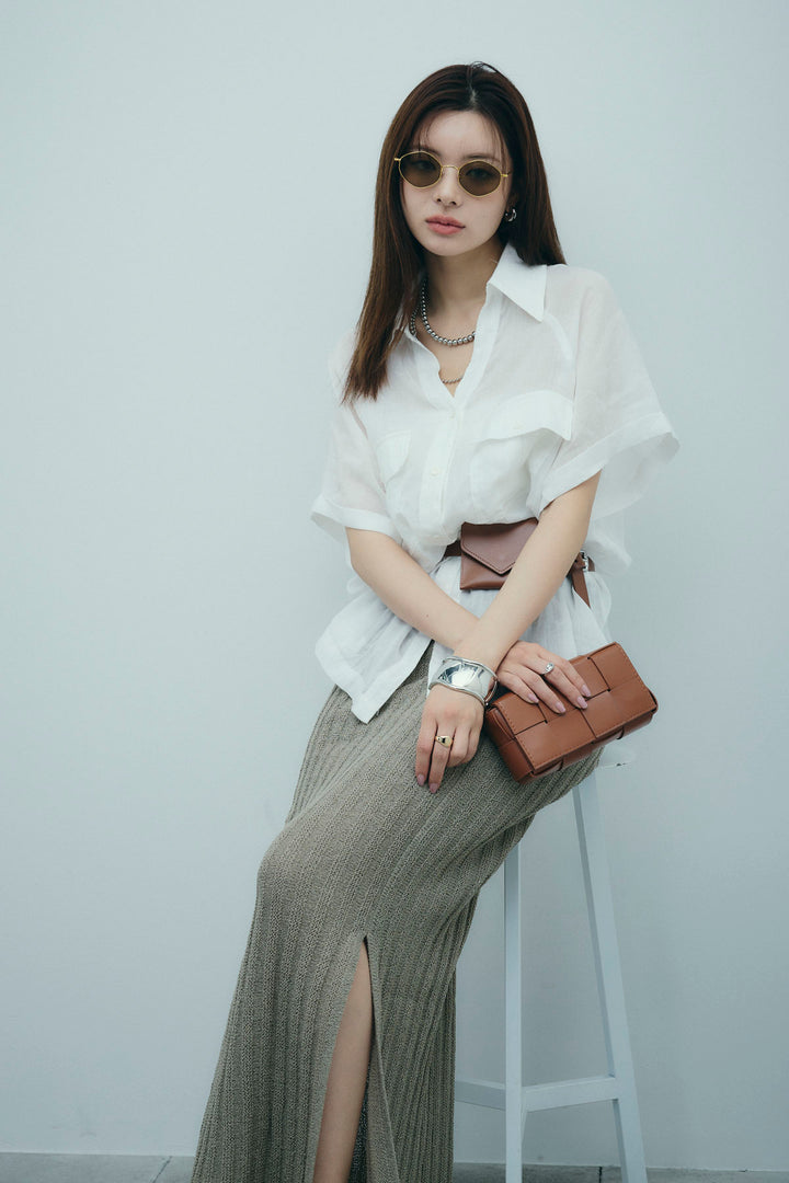 [予約/SET]リネンサファリリラックスシャツ+ストライプ編みニットスカート(2set)