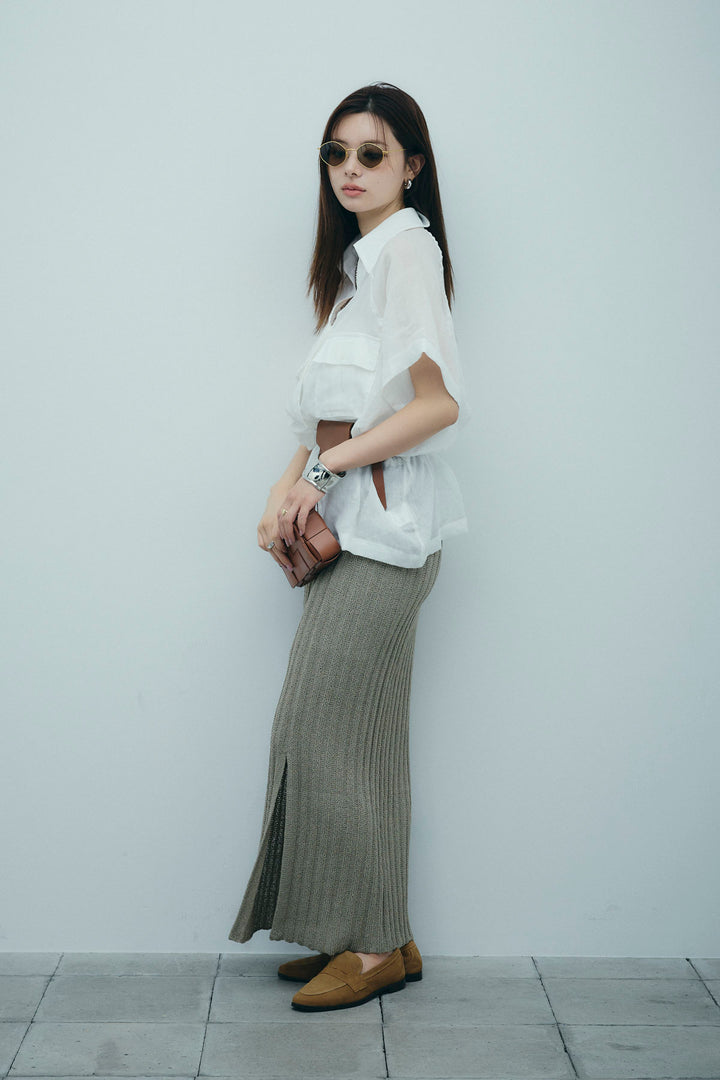 [予約/SET]リネンサファリリラックスシャツ+ストライプ編みニットスカート(2set)