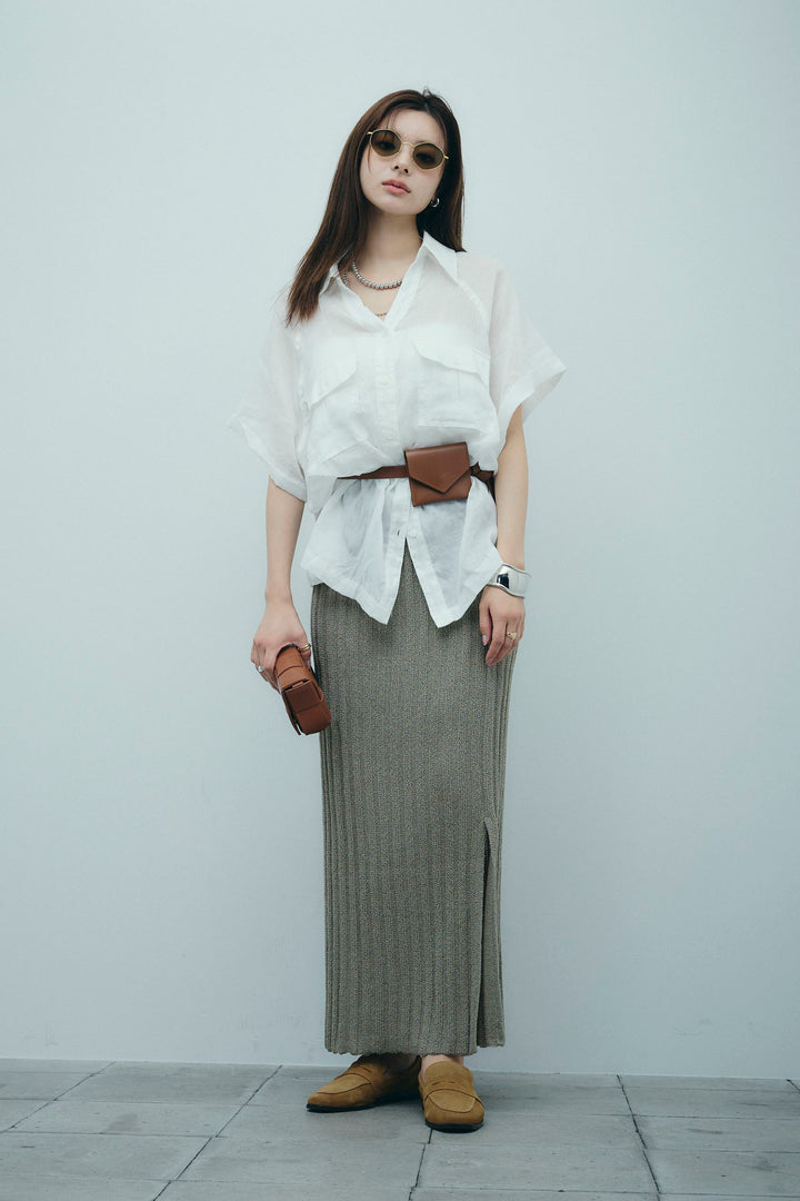 [予約/SET]リネンサファリリラックスシャツ+ストライプ編みニットスカート(2set)